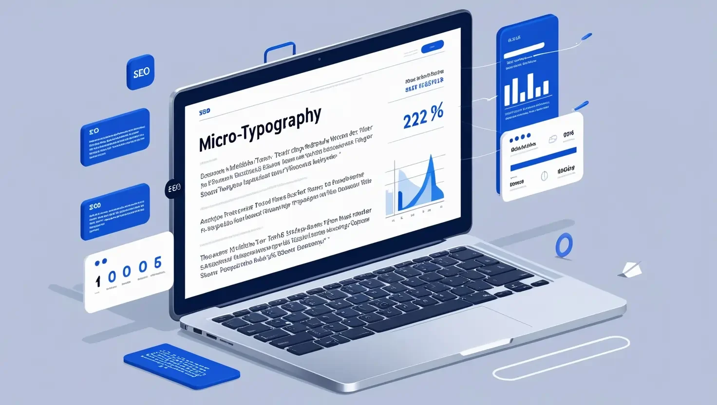 Futuristic website interface on a laptop screen showcasing micro-typography for SEO and accessibility in 2025. The design highlights optimized text spacing, readability, and UI elements representing SEO analytics, search rankings, and WCAG compliance. Floating cards with typography settings and web performance metrics enhance the modern, professional aestheti