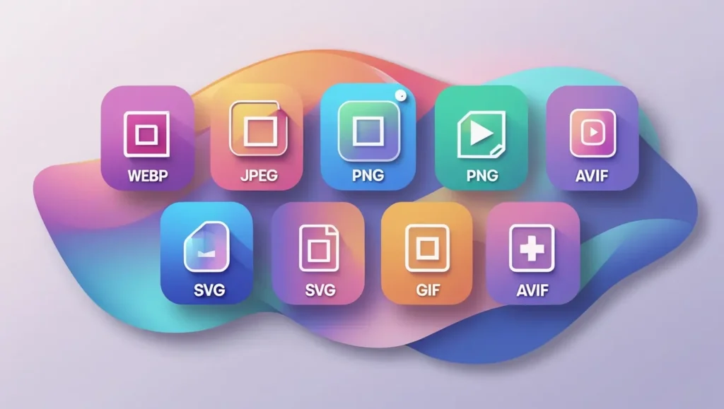 Comparison chart of WebP, JPEG, PNG, SVG, GIF, and AVIF showing differences in quality, file size, transparency, and best use cases."