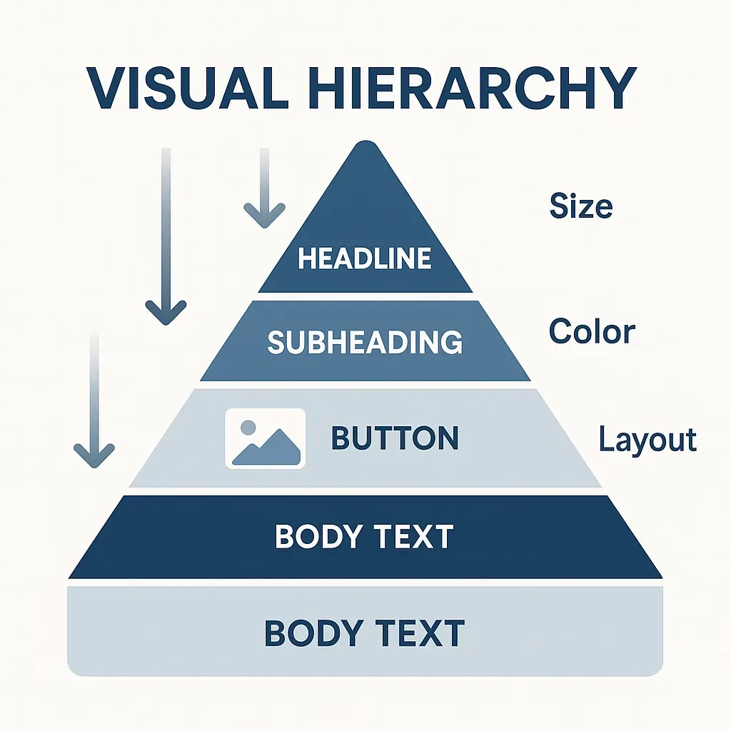 The Importance of Visual Hierarchy in Web Design 2 Infographic explaining the structure of visual hierarchy in web design using size, color, and layout
