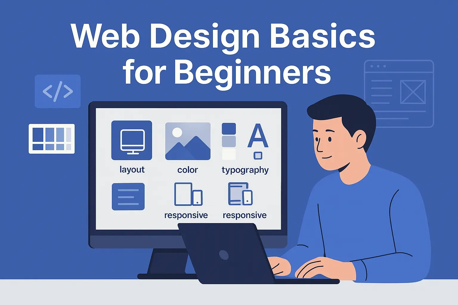 Illustration explaining what web design is with simple elements like layout, colors, and navigation – beginner-friendly visual